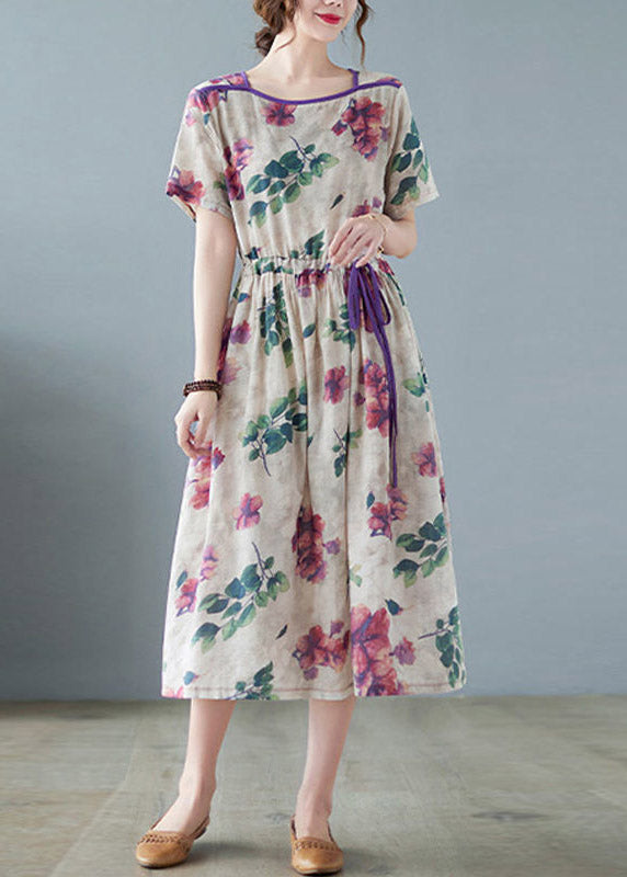 O-neck Print Wrinkled Linen Long Dress Short Sleeve
