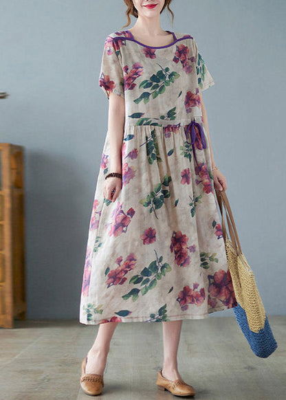 O-neck Print Wrinkled Linen Long Dress Short Sleeve