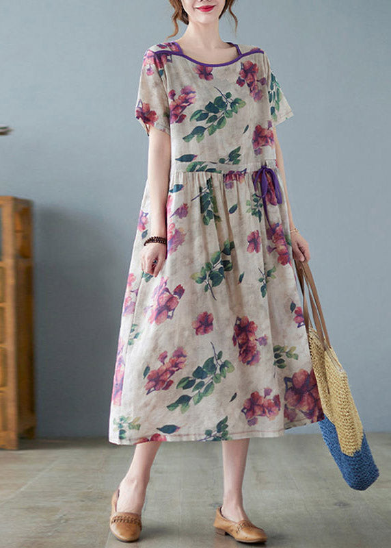O-neck Print Wrinkled Linen Long Dress Short Sleeve