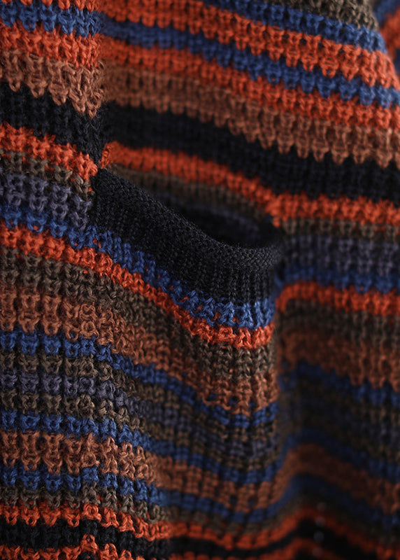 O-neck Thick Striped Pockets Knit Sweater Long Sleeve