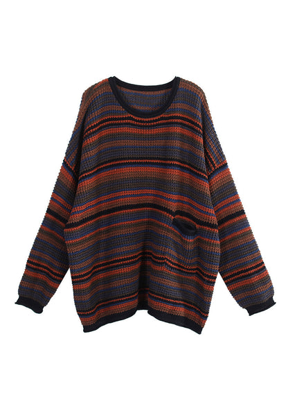 O-neck Thick Striped Pockets Knit Sweater Long Sleeve