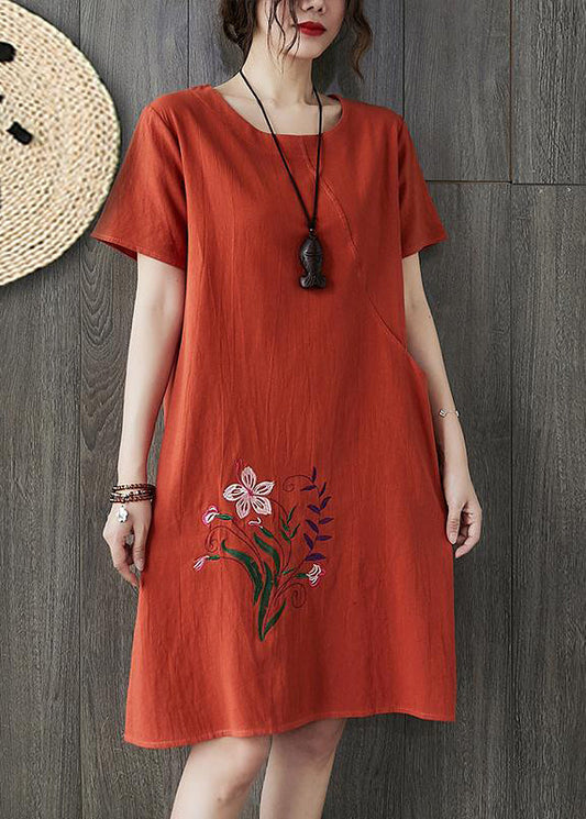 Orange O-neck Embroideried Pocket Linen Dresses Short Sleeve