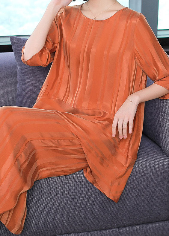 Orange O-neck Patchwork Silk Two Piece Set Clothing Summer