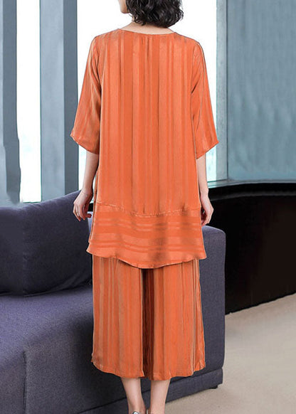 Orange O-neck Patchwork Silk Two Piece Set Clothing Summer