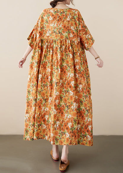 Orange O-neck Print Cozy Robe Dresses Summer