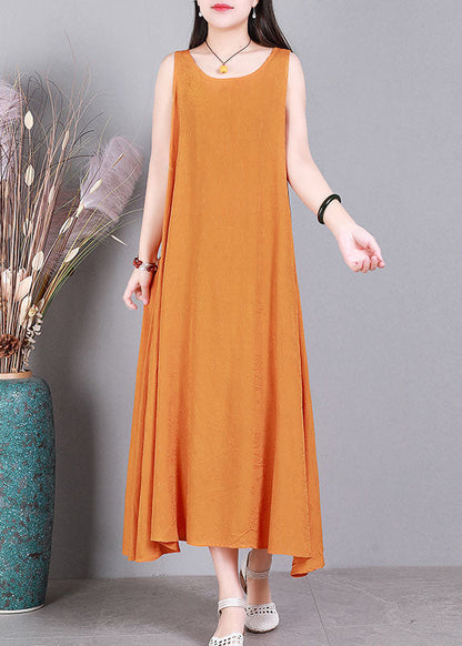 Orange O-neck Color Linen Long Dress Sleeveless