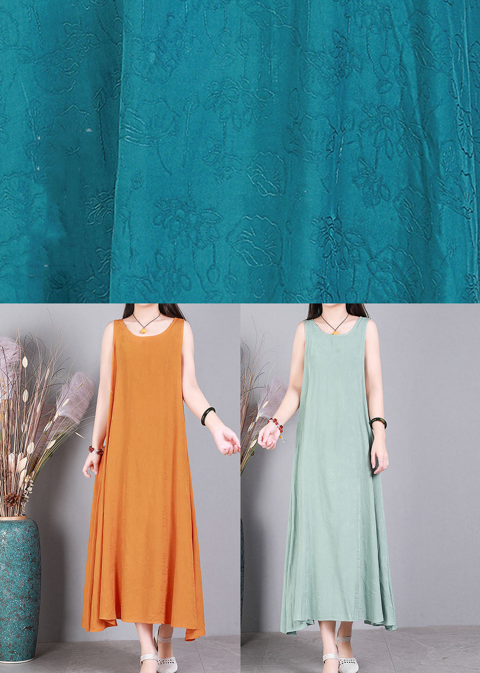 Orange O-neck Color Linen Long Dress Sleeveless