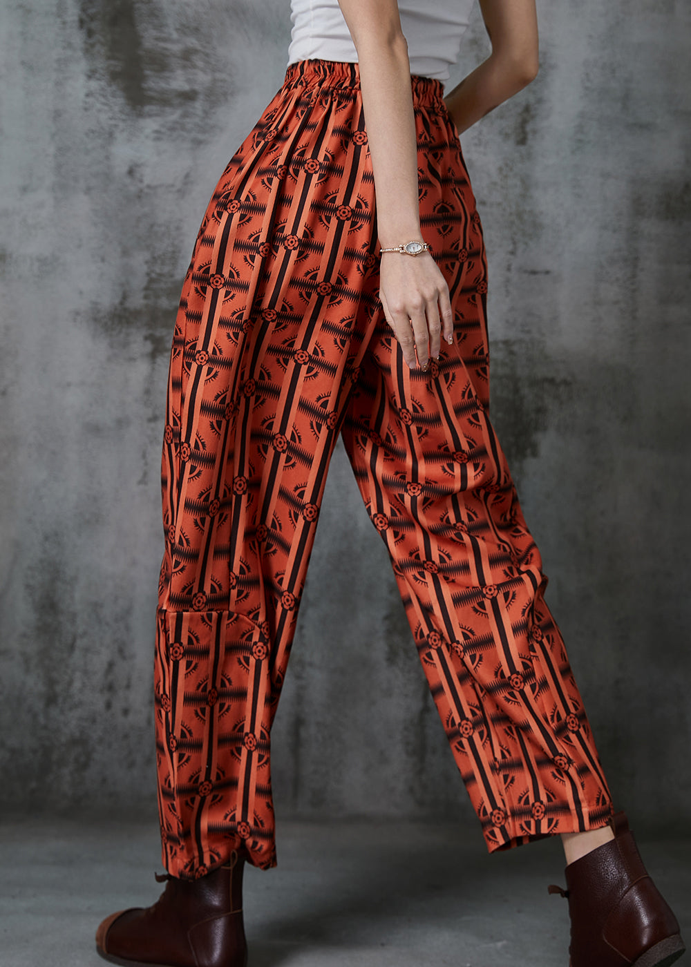 Orange Oversized Print Cotton Pants Summer
