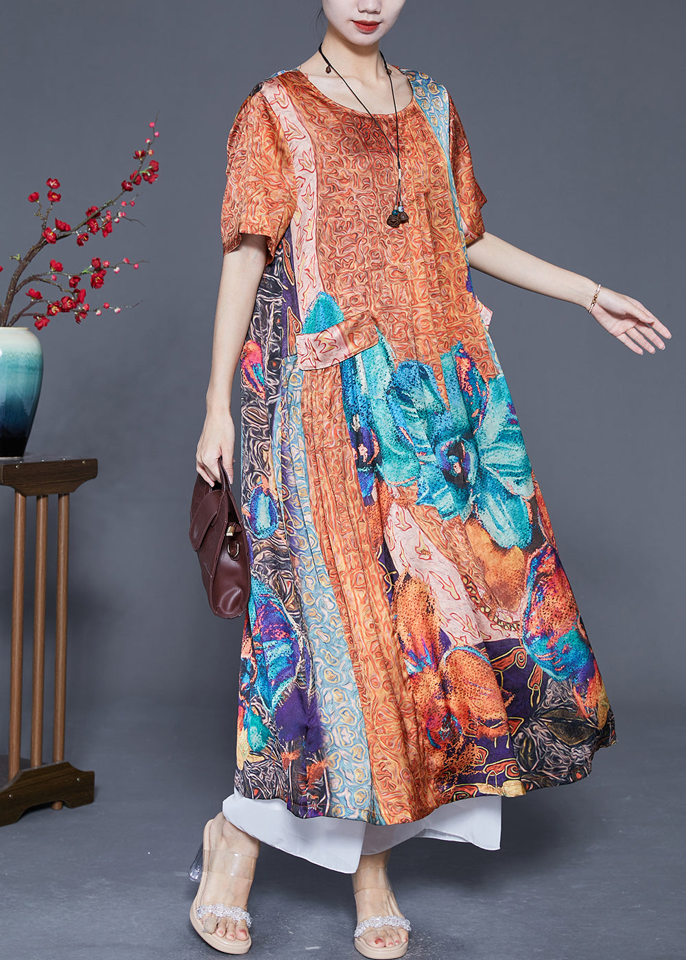 Orange Oversized Print Pockets Silk Vacation Dresses Summer