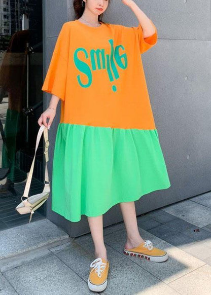Orange Patchwork Green Loose Graphic Summer Half Sleeve Long Dress