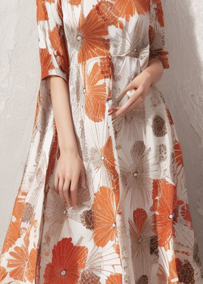 Orange Print High Waist Cotton Dresses Half Sleeve