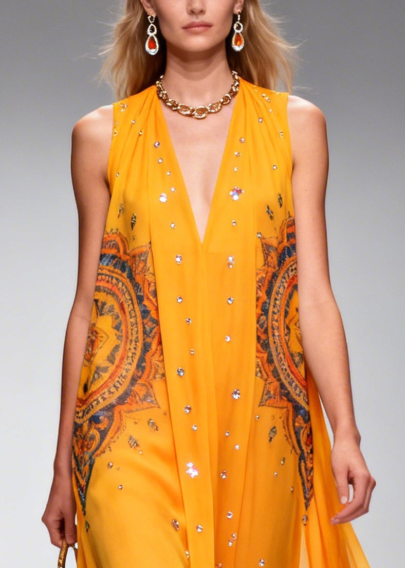Orange Print Rhinestone Sparkly Chiffon Holiday Dress Summer