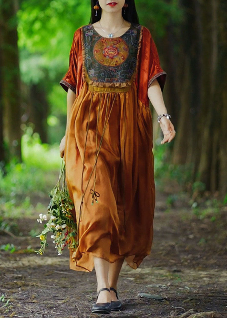 Orange Tasseled Embroidered Patchwork Silk Long Dresses Summer