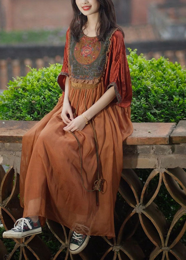 Orange Tasseled Embroidered Patchwork Silk Long Dresses Summer
