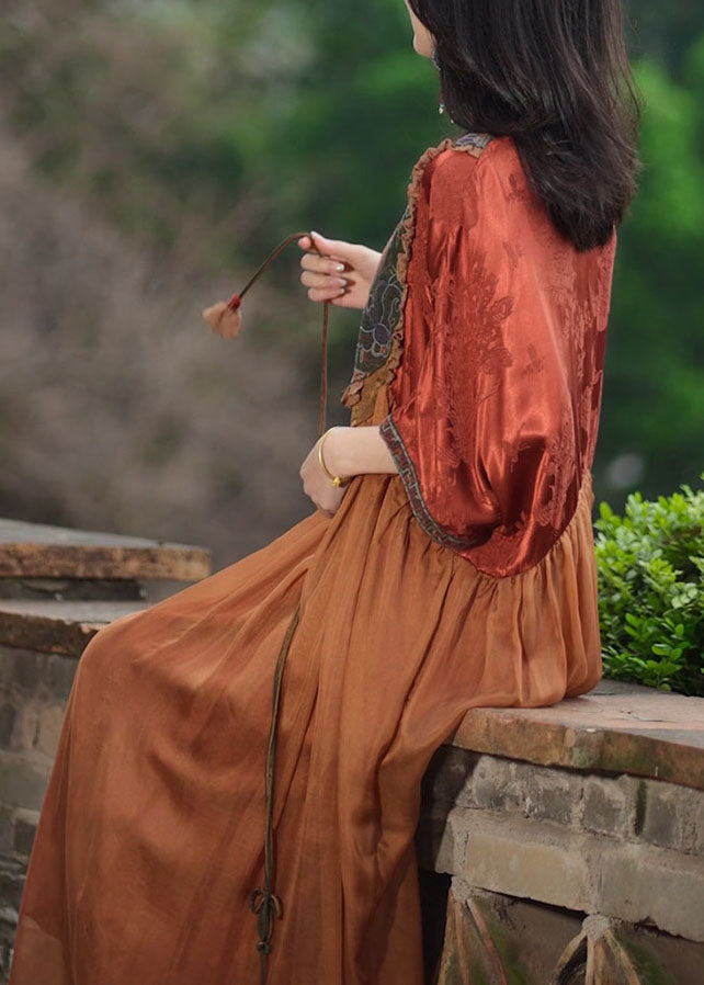 Orange Tasseled Embroidered Patchwork Silk Long Dresses Summer