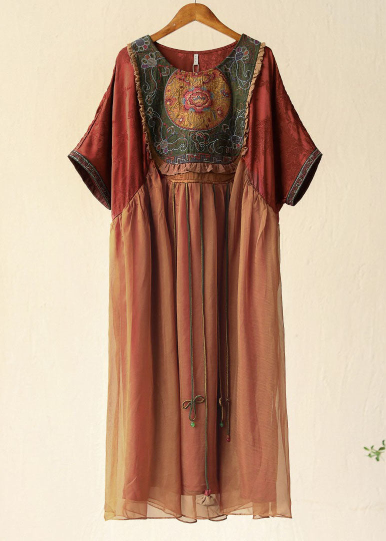 Orange Tasseled Embroidered Patchwork Silk Long Dresses Summer