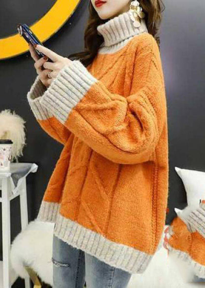 Orange Turtle Neck Patchwork Knit Knitted Tops Winter