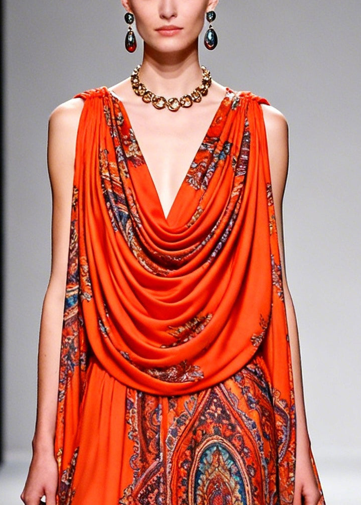 Orange Turtle Neck Print Chiffon Robe Dresses Summer