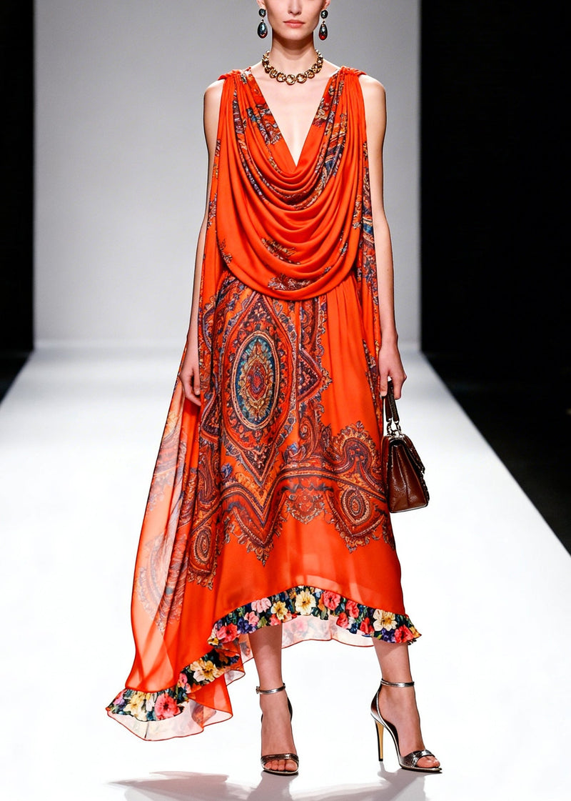 Orange Turtle Neck Print Chiffon Robe Dresses Summer