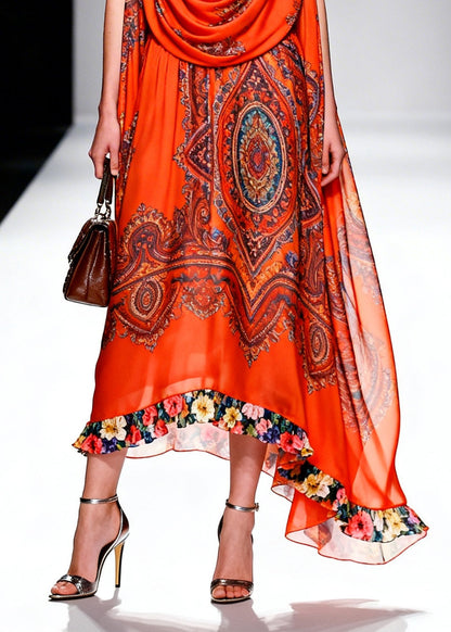 Orange Turtle Neck Print Chiffon Robe Dresses Summer