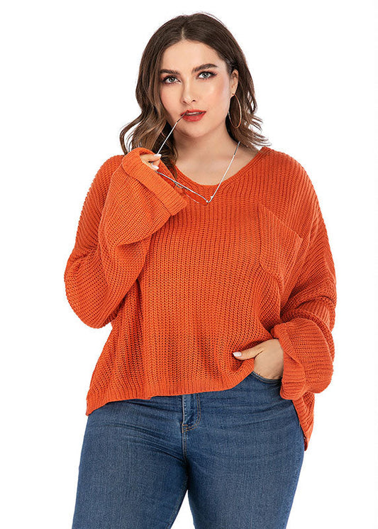 Orange V Neck Chunky Oversized Knit Sweater Long Sleeve