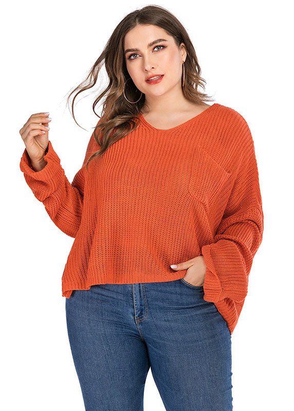 Orange V Neck Chunky Oversized Knit Sweater Long Sleeve