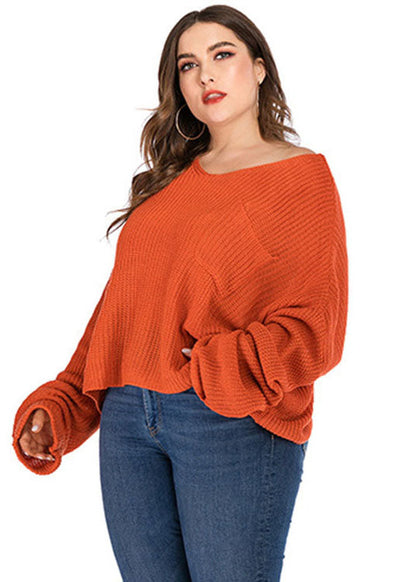 Orange V Neck Chunky Oversized Knit Sweater Long Sleeve