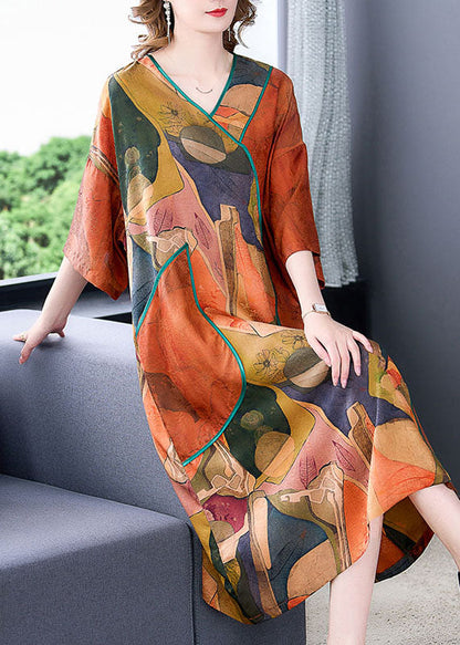 Orange V Neck Print Patchwork Silk Dresses Summer