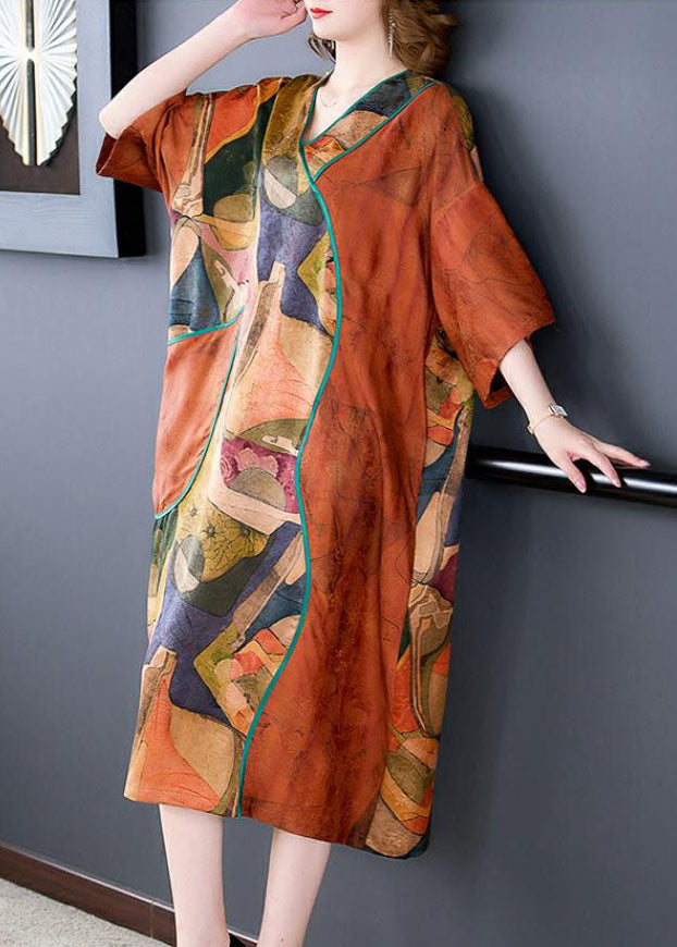 Orange V Neck Print Patchwork Silk Dresses Summer