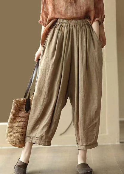 Original Coffee Pockets Elastic Waist Linen Crop Pants Summer