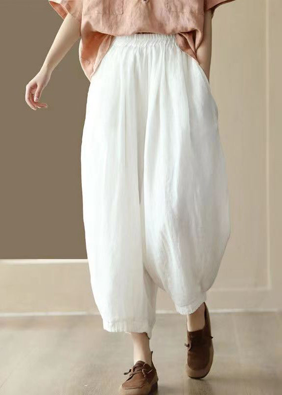 Original Coffee Pockets Elastic Waist Linen Crop Pants Summer
