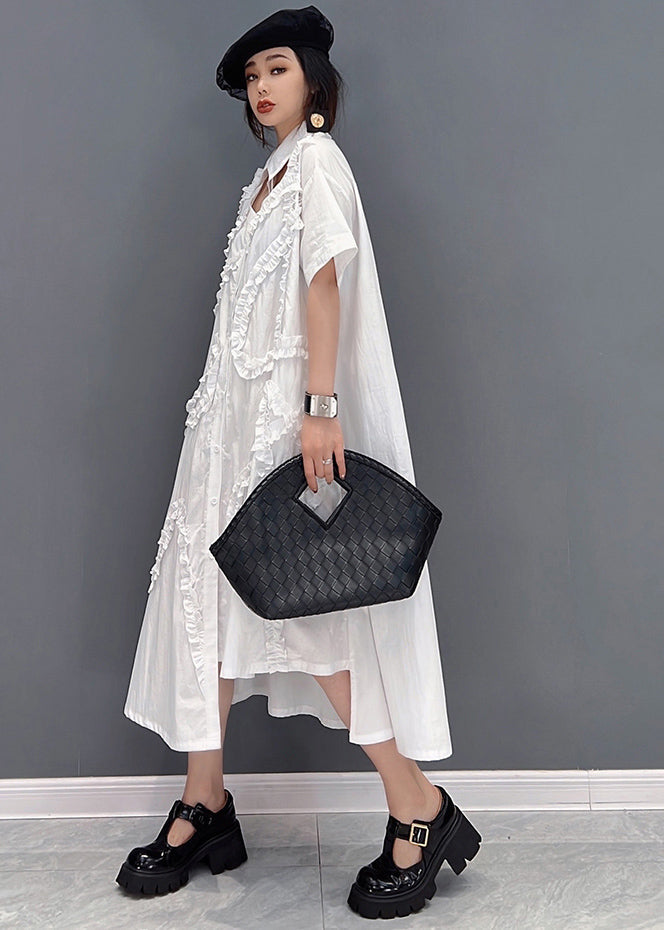 Original White Asymmetrical Design Ruffled Cotton Shirt Dress Short Sleeve