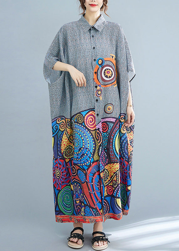 Peter Pan Collar Print Button Cotton Long Shirts Dress Summer