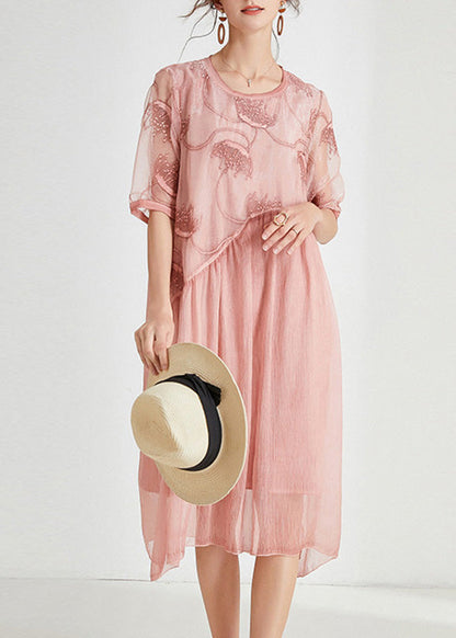 Pink Embroidered Chiffon Maxi Dress Short Sleeve