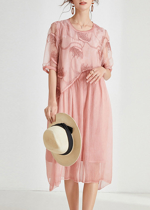 Pink Embroidered Chiffon Maxi Dress Short Sleeve