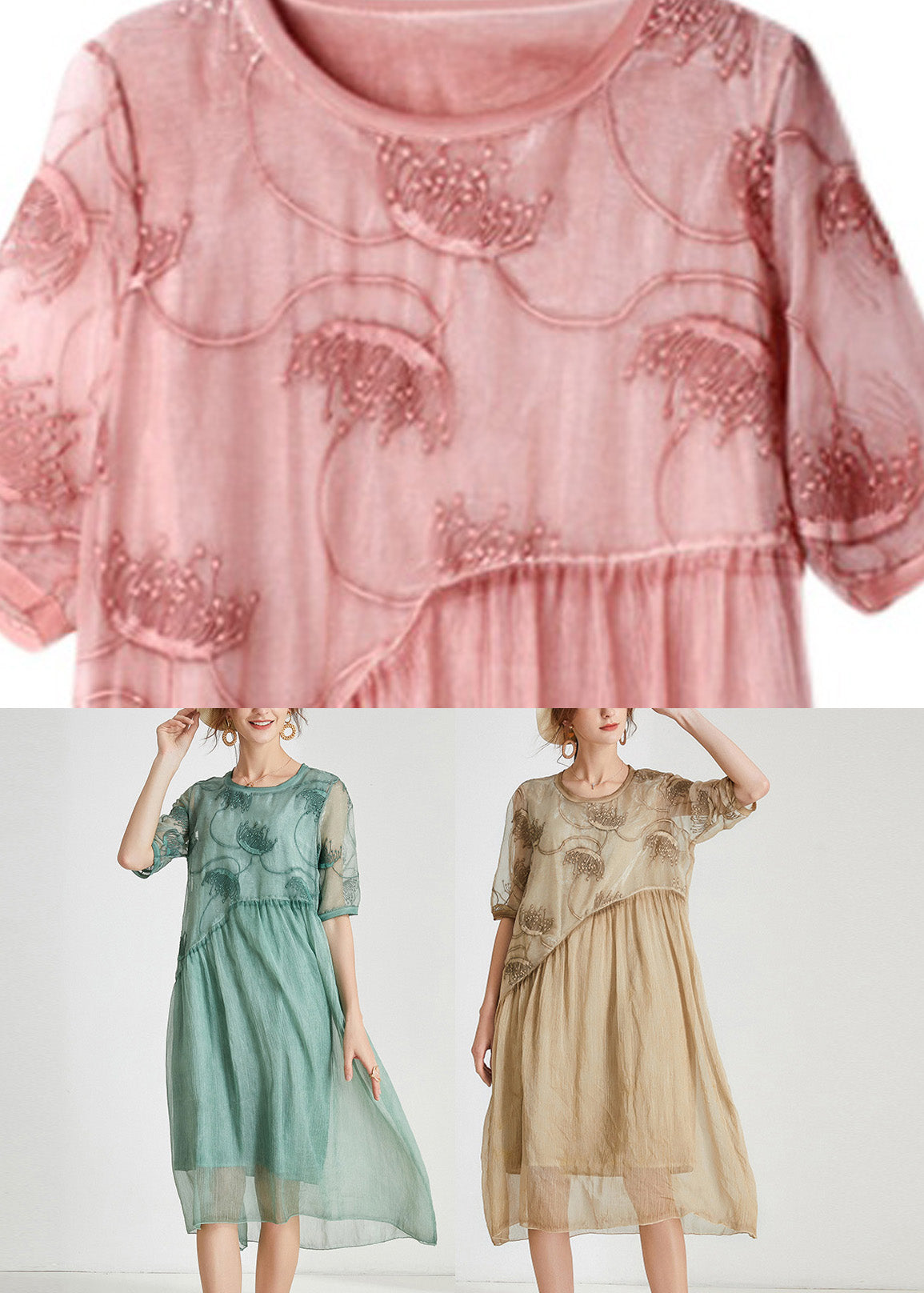 Pink Embroidered Chiffon Maxi Dress Short Sleeve