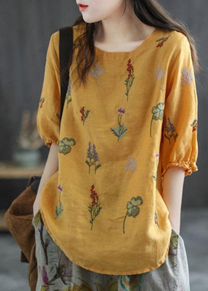 White Stripes Embroidered O-neck Half Sleeve Ramie Blouses Summer