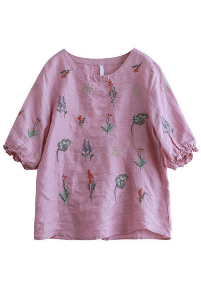 White Stripes Embroidered O-neck Half Sleeve Ramie Blouses Summer