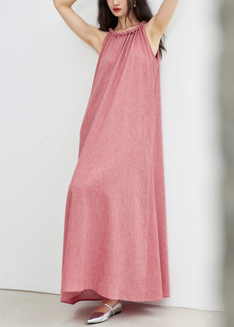 Pink Lace Up Cotton Long Dress Sleeveless