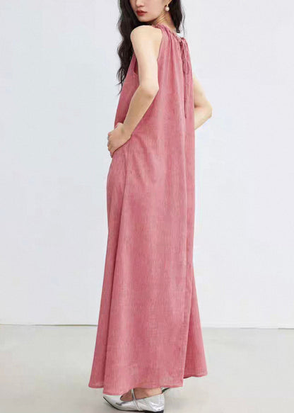 Pink Lace Up Cotton Long Dress Sleeveless