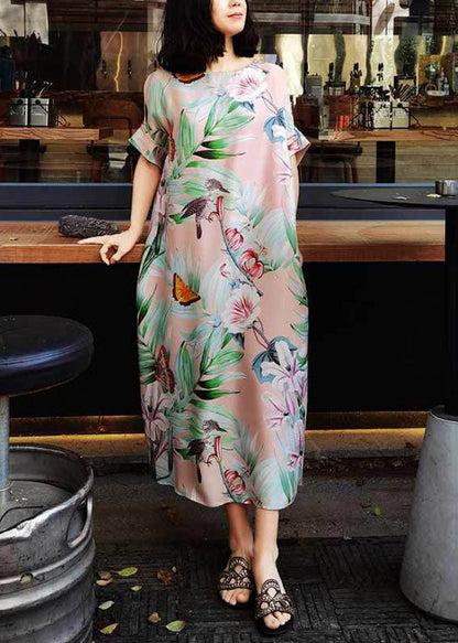 Pink O-neck Print Party Dress Summer