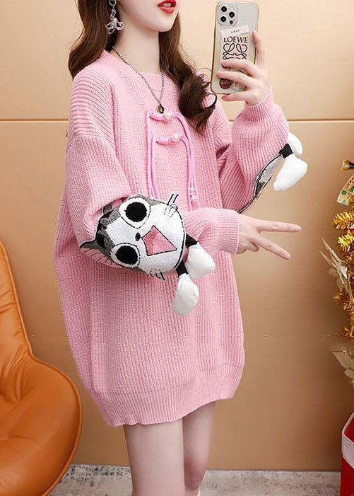 Pink Original Design Jacquard Cozy Knitted Long Sweater Winter