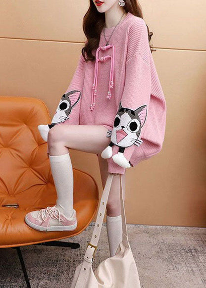 Pink Original Design Jacquard Cozy Knitted Long Sweater Winter