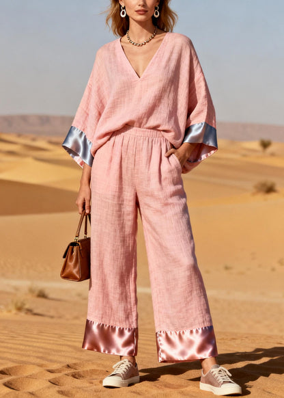 Pink Oversized Patchwork Linen Silk Two Pieces Set Spring