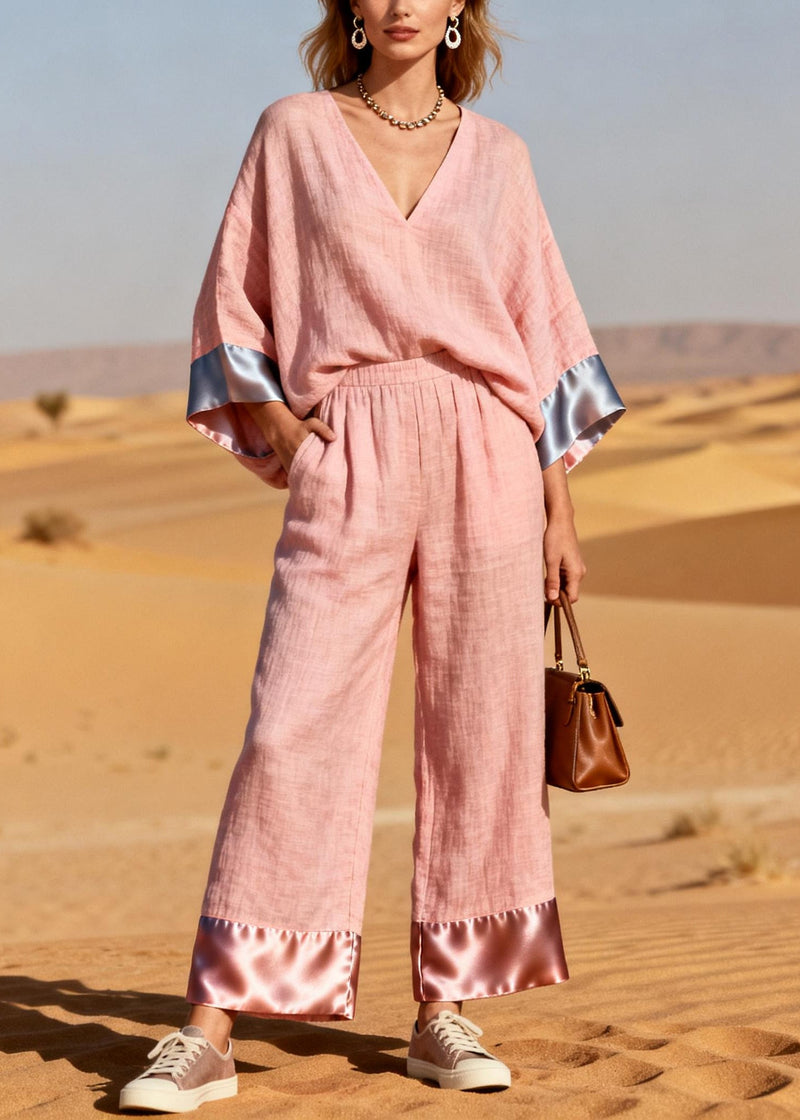 Pink Oversized Patchwork Linen Silk Two Pieces Set Spring