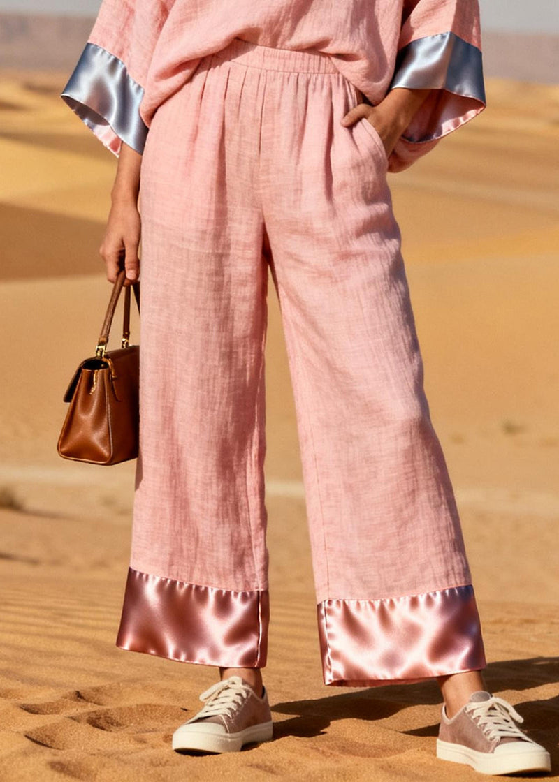 Pink Oversized Patchwork Linen Silk Two Pieces Set Spring