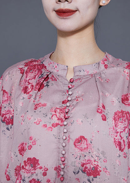 Pink Oversized Print Linen Long Dresses Lantern Sleeve