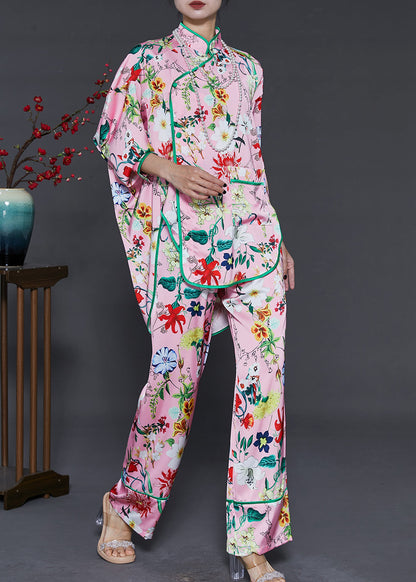 Pink Oversized Print Silk Oriental Two Pieces Set Spring