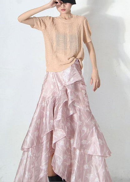 Pink Print Summer Ruffles Low High Design Skirt