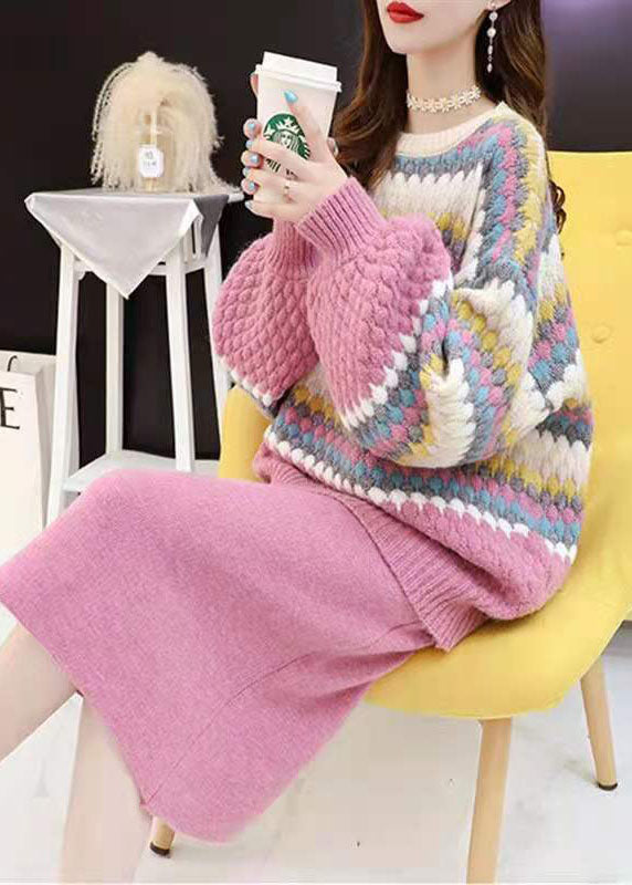 Pink Striped Two Piece Set Winter Clothing